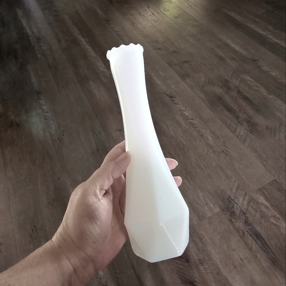 Vintage 9 in White Milk Glass Geometric Base Bud Vase